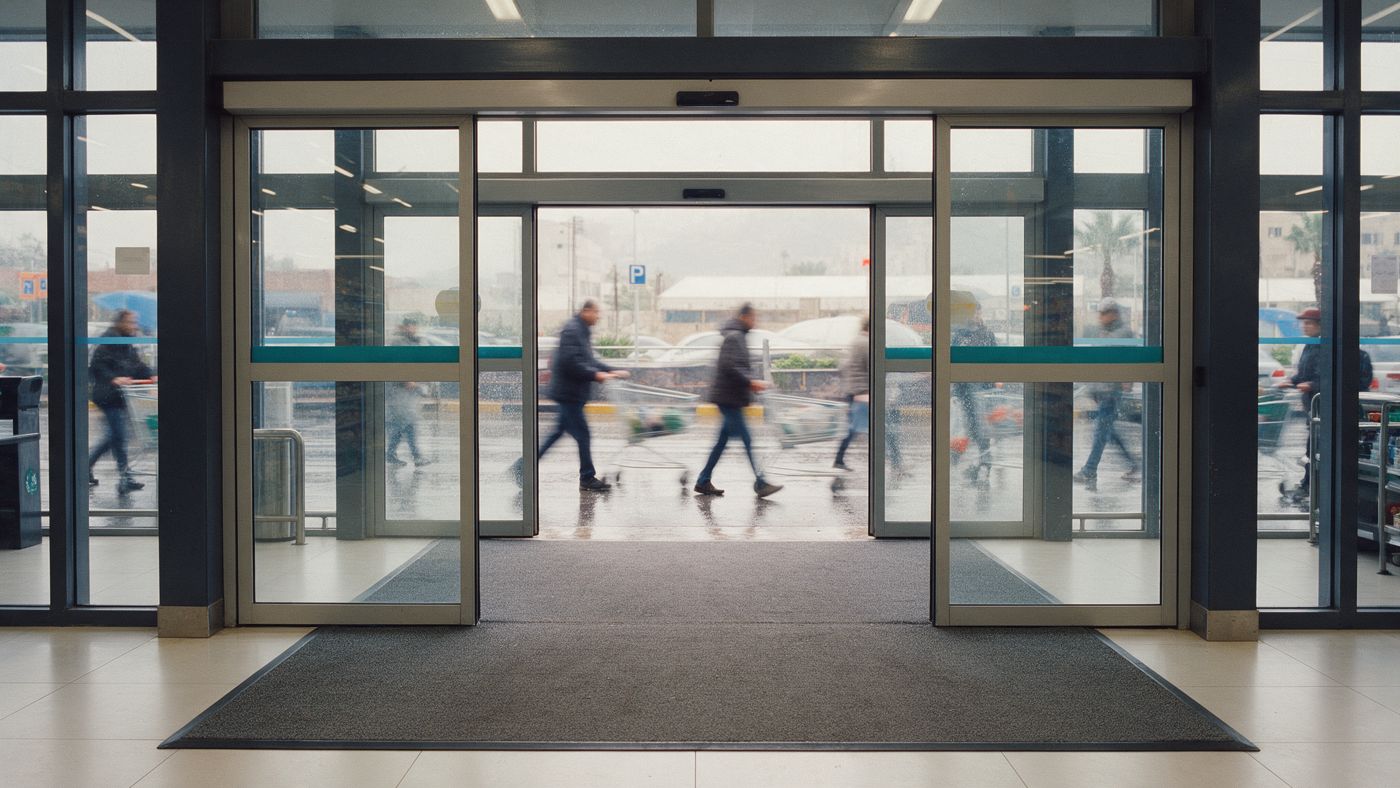 A supermarket entrance with a long mat on a rainy day